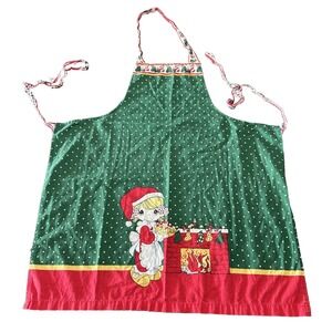 Vtg 90s Precious Moments Christmas Full Apron Green Red Fireplace Stockings